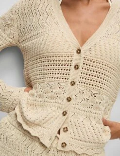 Cotton Blend Pointelle V-Neck Button Front Cardigan -M&S cotton blend pointelle v neck button front cardigan 10