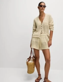 Cotton Blend Pointelle V-Neck Button Front Cardigan -M&S cotton blend pointelle v neck button front cardigan 12