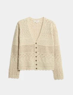 Cotton Blend Pointelle V-Neck Button Front Cardigan -M&S cotton blend pointelle v neck button front cardigan 7