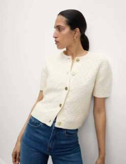 Cotton Blend Textured Button Front Cropped Cardigan -M&S cotton blend textured button front cropped cardigan 10