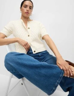 Cotton Blend Textured Button Front Cropped Cardigan -M&S cotton blend textured button front cropped cardigan 14
