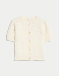 Cotton Blend Textured Button Front Cropped Cardigan -M&S cotton blend textured button front cropped cardigan 8