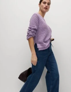 Cotton Blend Textured Crew Neck Fringe Jumper -M&S cotton blend textured crew neck fringe jumper 11