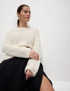 Cotton Blend Textured Crew Neck Fringe Jumper -M&S cotton blend textured crew neck fringe jumper 8