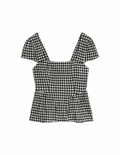 Cotton Rich Checked Cap Sleeve Peplum Top -M&S cotton rich checked cap sleeve peplum top