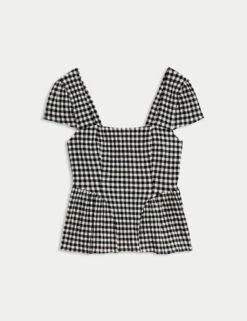 Cotton Rich Checked Cap Sleeve Peplum Top -M&S cotton rich checked cap sleeve peplum top 5