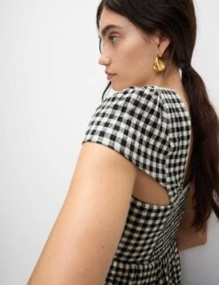 Cotton Rich Checked Cap Sleeve Peplum Top -M&S cotton rich checked cap sleeve peplum top 6