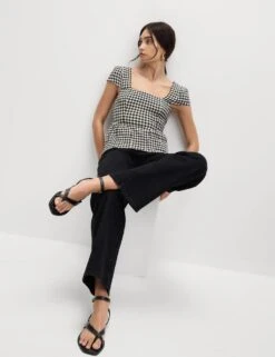 Cotton Rich Checked Cap Sleeve Peplum Top -M&S cotton rich checked cap sleeve peplum top 7