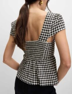 Cotton Rich Checked Cap Sleeve Peplum Top -M&S cotton rich checked cap sleeve peplum top 8