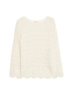 Cotton Rich Pointelle Crew Neck Slim Fit Knitted Top -M&S cotton rich pointelle crew neck slim fit knitted top