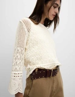 Cotton Rich Pointelle Crew Neck Slim Fit Knitted Top -M&S cotton rich pointelle crew neck slim fit knitted top 8