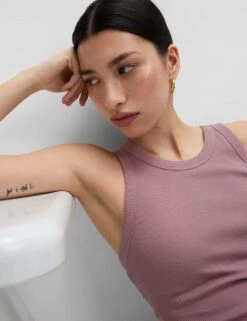 Cotton Rich Ribbed Scoop Neck Bra Vest Top -M&S cotton rich ribbed scoop neck bra vest top 13