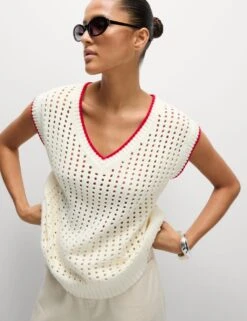 Cotton Rich Textured V-Neck Knitted Vest -M&S cotton rich textured v neck knitted vest 7