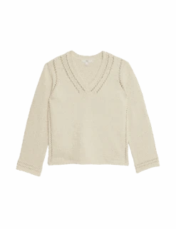 Cotton Rich Textured V-Neck Slub Jumper -M&S cotton rich textured v neck slub jumper