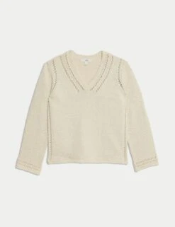 Cotton Rich Textured V-Neck Slub Jumper -M&S cotton rich textured v neck slub jumper 6