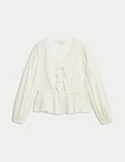 Cotton Rich Tie Front Blouse -M&S cotton rich tie front blouse 10