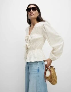 Cotton Rich Tie Front Blouse -M&S cotton rich tie front blouse 8