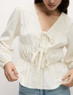 Cotton Rich Tie Front Blouse -M&S cotton rich tie front blouse 9