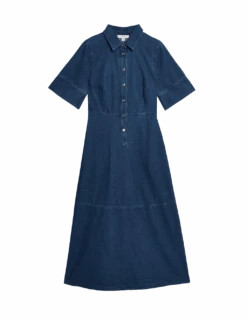 Denim Button Front Midi Shirt Dress -M&S denim button front midi shirt dress