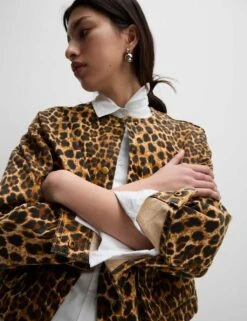 Denim Leopard Print Collarless Jacket -M&S denim leopard print collarless jacket 11