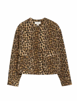 Denim Leopard Print Collarless Jacket -M&S denim leopard print collarless jacket