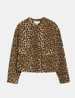 Denim Leopard Print Collarless Jacket -M&S denim leopard print collarless jacket 8
