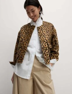 Denim Leopard Print Collarless Jacket -M&S denim leopard print collarless jacket 9