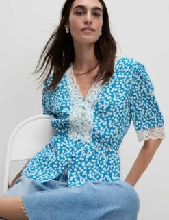 Floral Lace Detail V-Neck Blouse -M&S floral lace detail v neck blouse 7