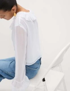 Frill Neck Broderie Button Through Blouse -M&S frill neck broderie button through blouse 7