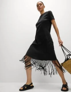 Jersey Fringe Trim Midaxi T-Shirt Beach Dress -M&S jersey fringe trim midaxi t shirt beach dress 7