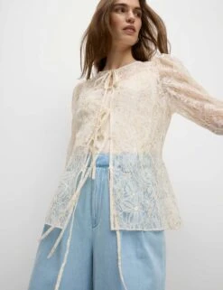 Lace Round Neck Tie Front Blouse -M&S lace round neck tie front blouse 11