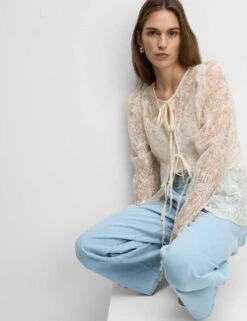 Lace Round Neck Tie Front Blouse -M&S lace round neck tie front blouse 2