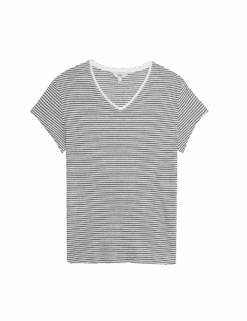 Linen Blend Striped V-Neck T-Shirt -M&S linen blend striped v neck t shirt 1