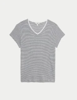 Linen Blend Striped V-Neck T-Shirt -M&S linen blend striped v neck t shirt 10