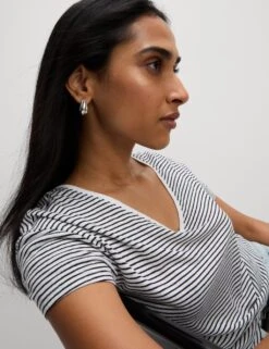 Linen Blend Striped V-Neck T-Shirt -M&S linen blend striped v neck t shirt 11