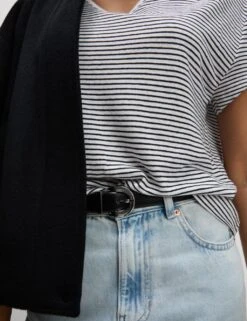 Linen Blend Striped V-Neck T-Shirt -M&S linen blend striped v neck t shirt 14