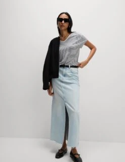 Linen Blend Striped V-Neck T-Shirt -M&S linen blend striped v neck t shirt 15