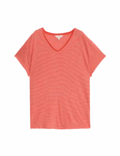 Linen Blend Striped V-Neck T-Shirt -M&S linen blend striped v neck t shirt