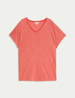 Linen Blend Striped V-Neck T-Shirt -M&S linen blend striped v neck t shirt 5