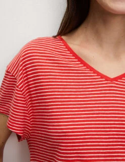 Linen Blend Striped V-Neck T-Shirt -M&S linen blend striped v neck t shirt 8