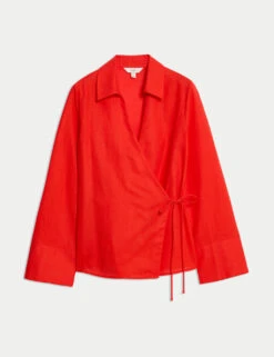 Linen Rich Collared Tie Front Shirt -M&S linen rich collared tie front shirt 13