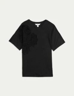 Linen Rich Embroidered T-Shirt -M&S linen rich embroidered t shirt 5