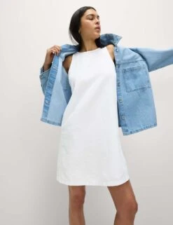 Linen Rich Round Neck Mini Shift Dress -M&S linen rich round neck mini shift dress 9