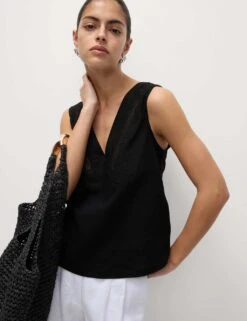 Linen Rich V-Neck Lace Insert Top -M&S linen rich v neck lace insert top 13