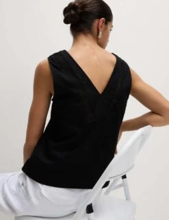 Linen Rich V-Neck Lace Insert Top -M&S linen rich v neck lace insert top 14