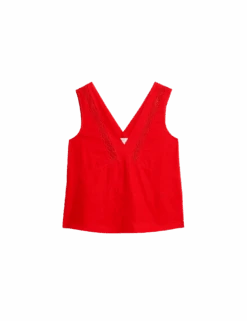 Linen Rich V-Neck Lace Insert Top -M&S linen rich v neck lace insert top