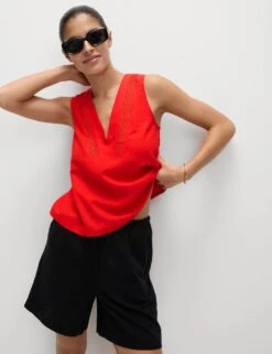 Linen Rich V-Neck Lace Insert Top -M&S linen rich v neck lace insert top 8