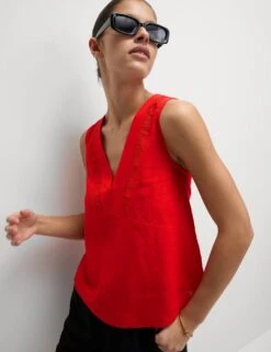 Linen Rich V-Neck Lace Insert Top -M&S linen rich v neck lace insert top 9