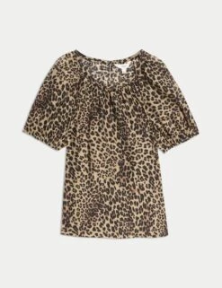 Lyocell Rich Printed Crew Neck Blouse -M&S lyocell rich leopard print crew neck blouse