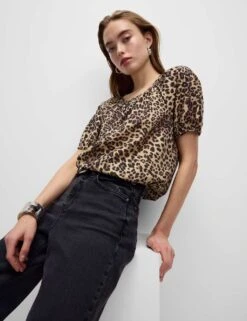 Lyocell Rich Printed Crew Neck Blouse -M&S lyocell rich leopard print crew neck blouse 3